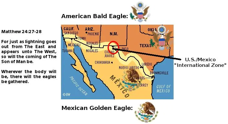 Map of the U.S./Mexico International Zone between El Paso and Ciudad Juárez, with the American bald eagle and Mexican golden eagle